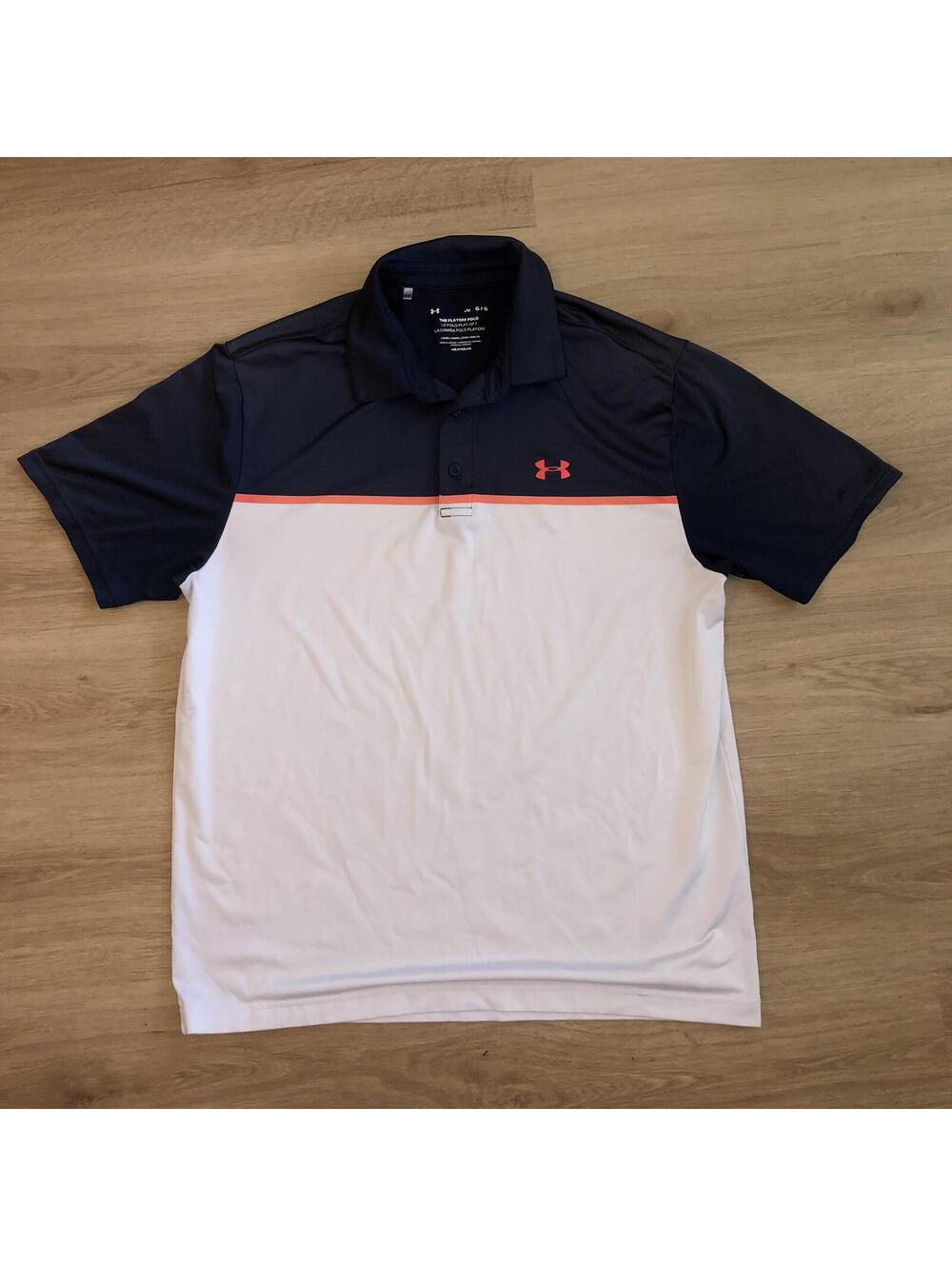 UNDER ARMOUR PLAYOFF POLO HEATGEAR GOLF SHIRT WHITE BLUE ORANGE MENS SIZE LARGE